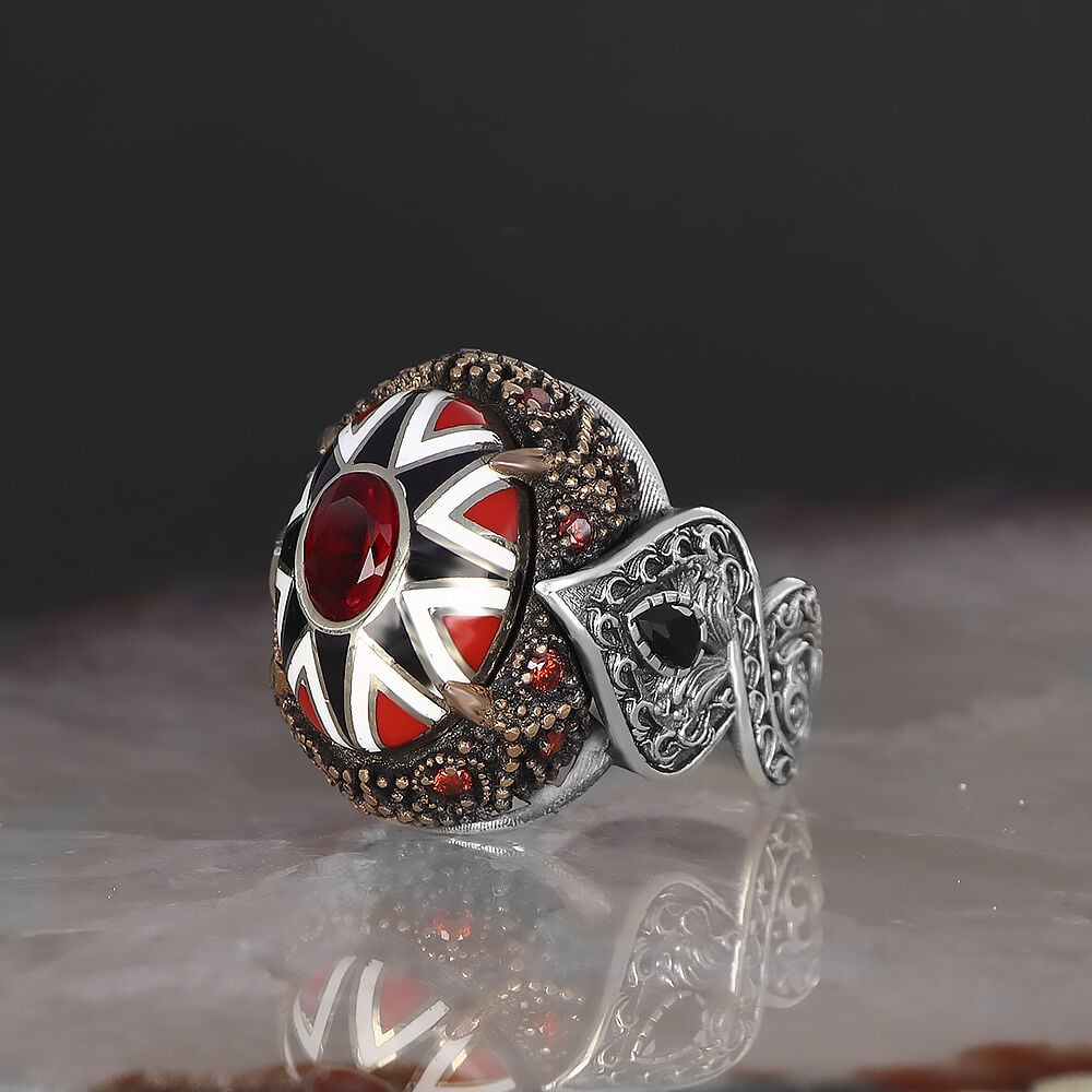 Geometrik Desenli Mine İşçilikli Erkek Gümüş Yüzük