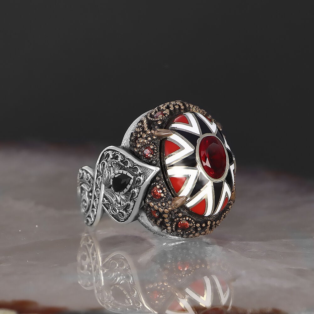 Geometrik Desenli Mine İşçilikli Erkek Gümüş Yüzük