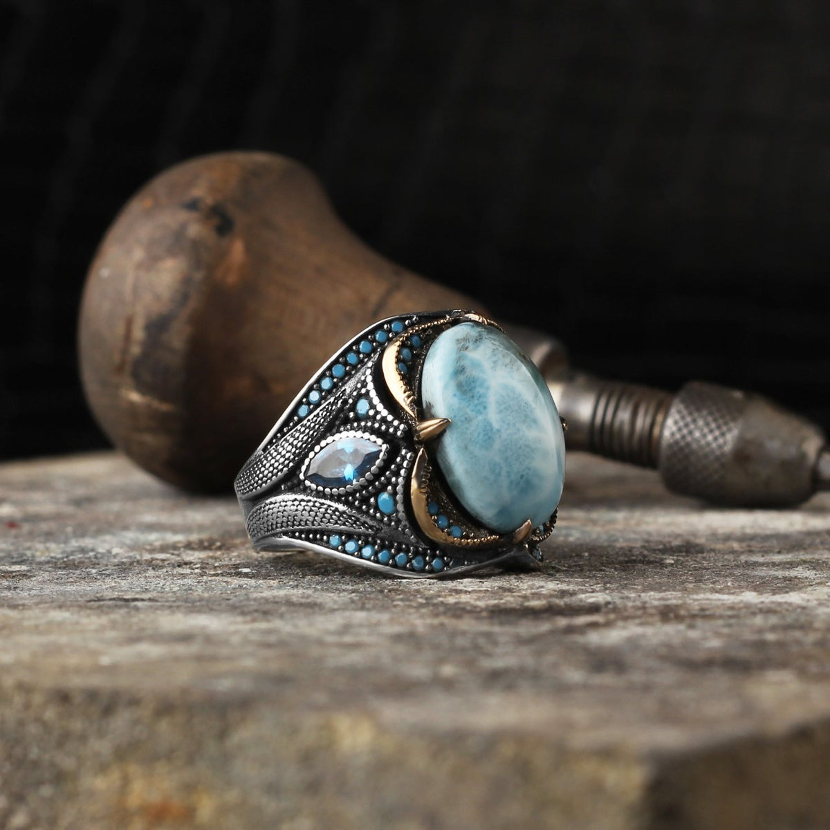 Larimar Taşlı 925 Ayar Erkek Gümüş Yüzük
