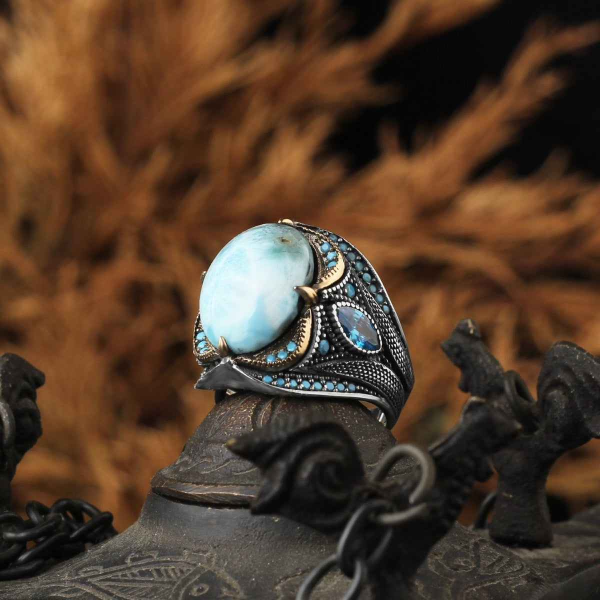 Larimar Taşlı 925 Ayar Erkek Gümüş Yüzük