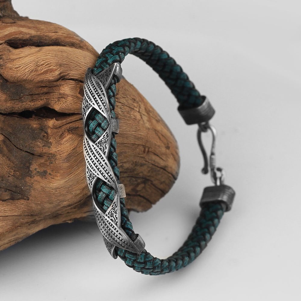 Patterned 925 K Men's Silver Leather Bracelet