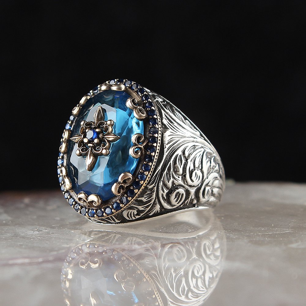 Blue Topaz Taşlı Kalem İşlemeli Gümüş Yüzük
