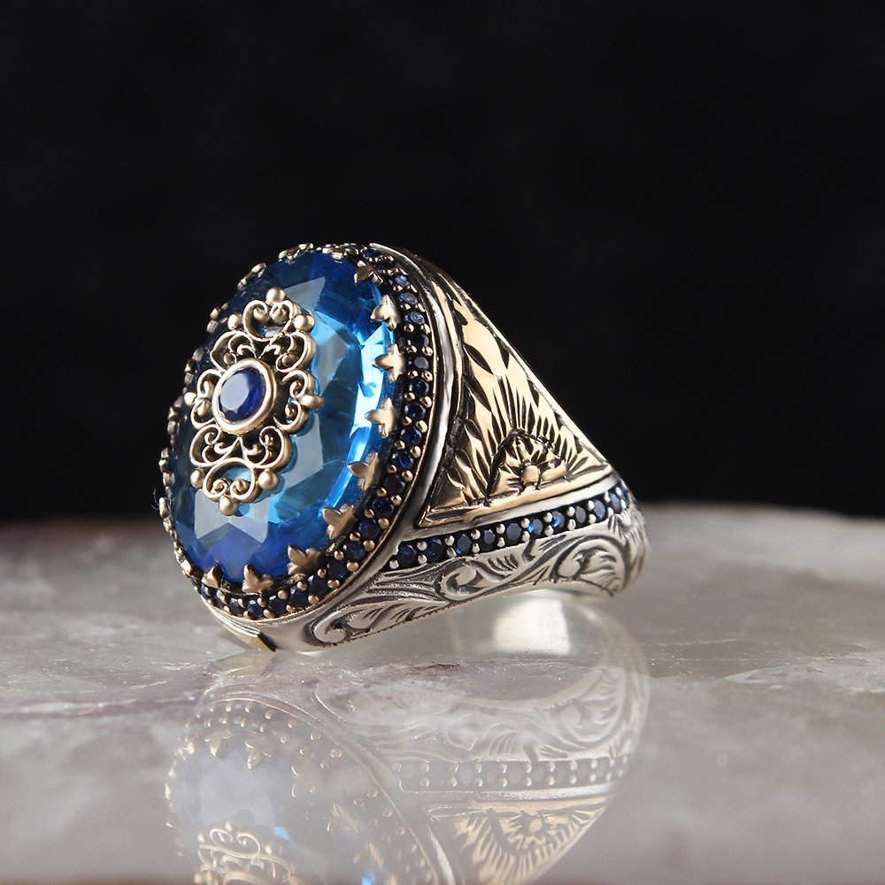 Blue Topaz Taşlı Kalem İşlemeli Gümüş Yüzük