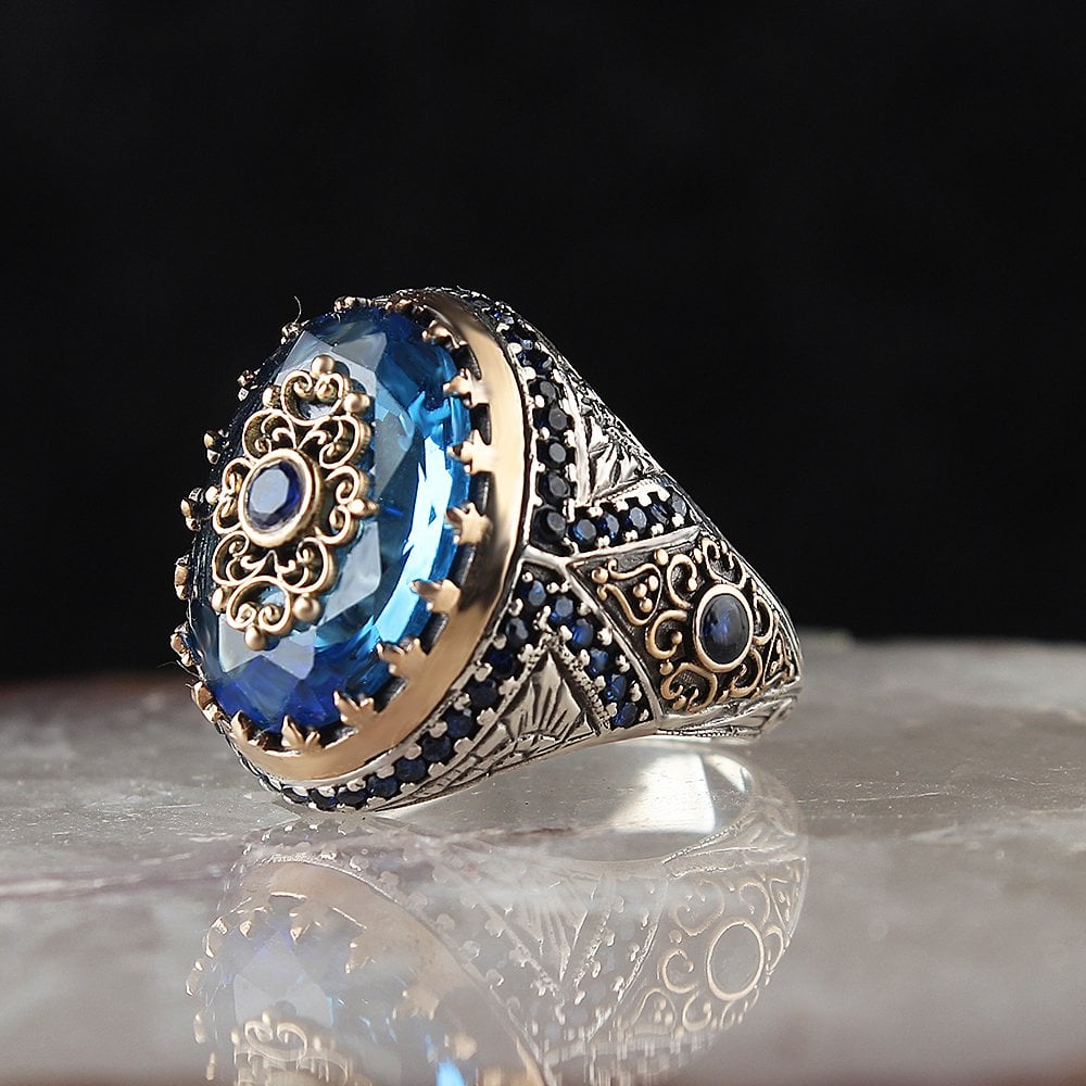 Blue Topaz Taşlı Kalem İşlemeli Gümüş Yüzük