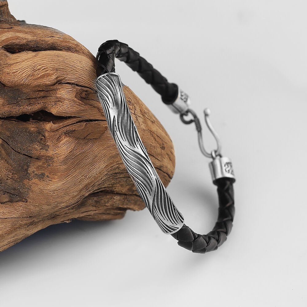 Patterned 925 K Men's Silver Leather Bracelet
