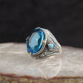Blue Topaz Taşlı Kristal Kesim 925 Ayar Gümüş Erkek Yüzük