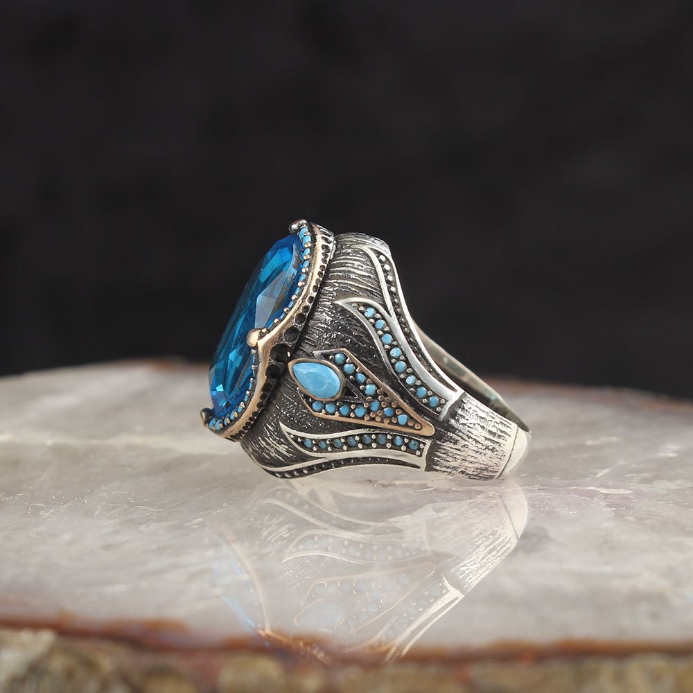 Blue Topaz Taşlı Kristal Kesim 925 Ayar Gümüş Erkek Yüzük