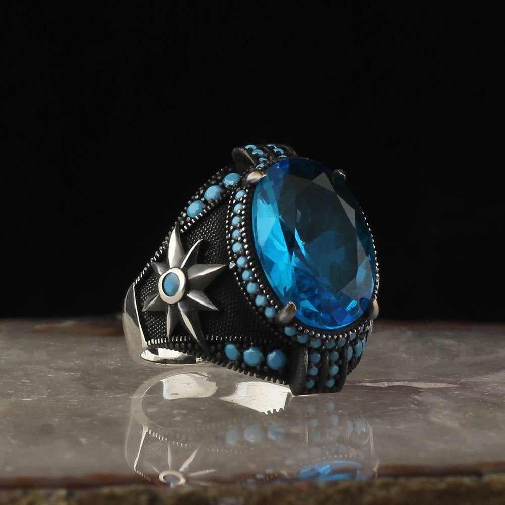 Blue Topaz Taşlı 925 Ayar Gümüş Erkek Yüzük