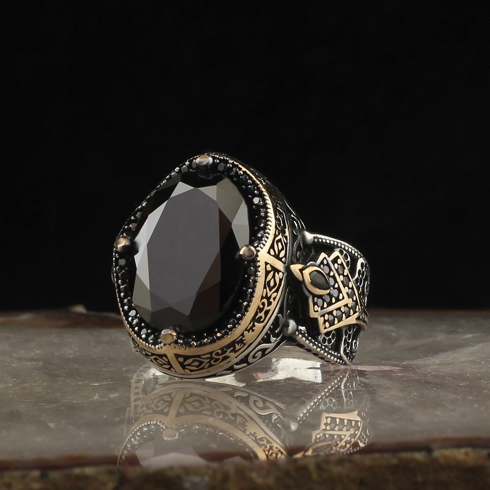 Zirkon Taşlı Desenli 925 Ayar Gümüş Erkek Yüzük