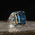 Blue Topaz Taşlı Desenli 925 Ayar Gümüş Erkek Yüzük