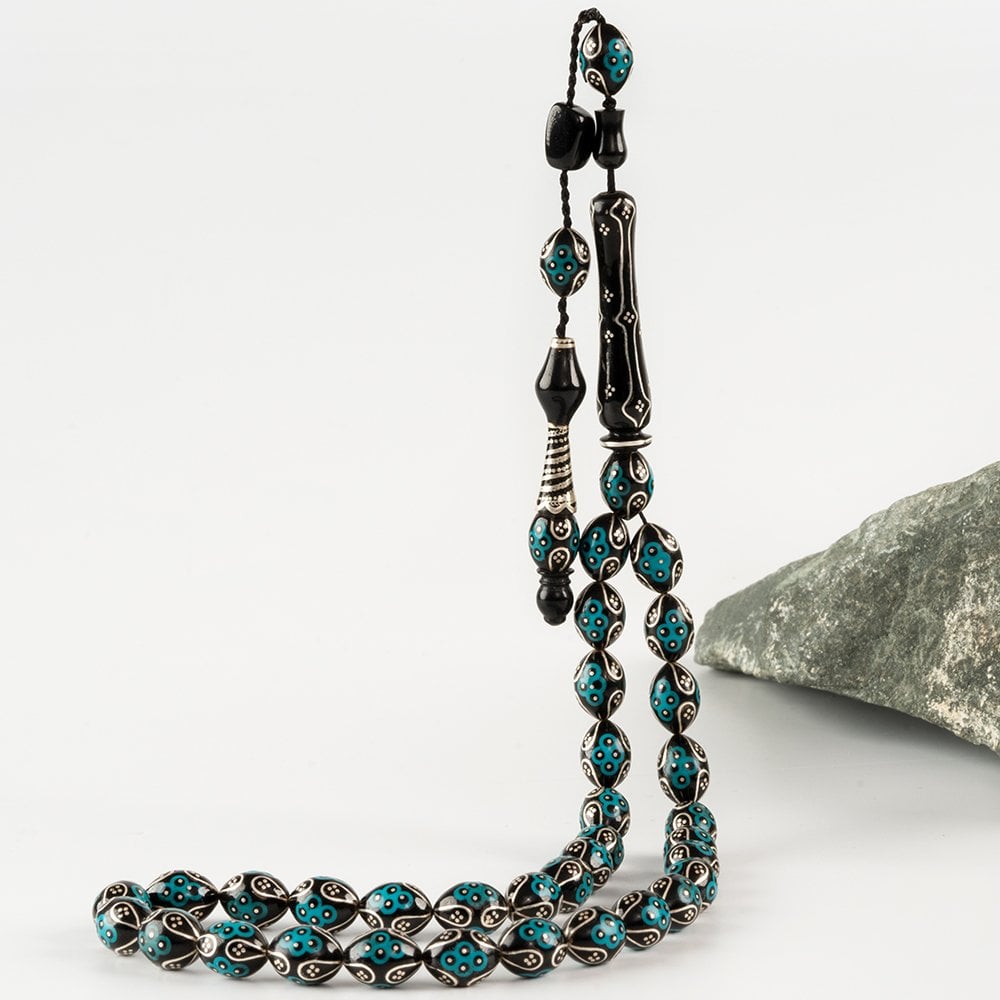 Sistemli Tassel Enamel & Silver Engraved Erzurum Oltu Stone Prayer Beads