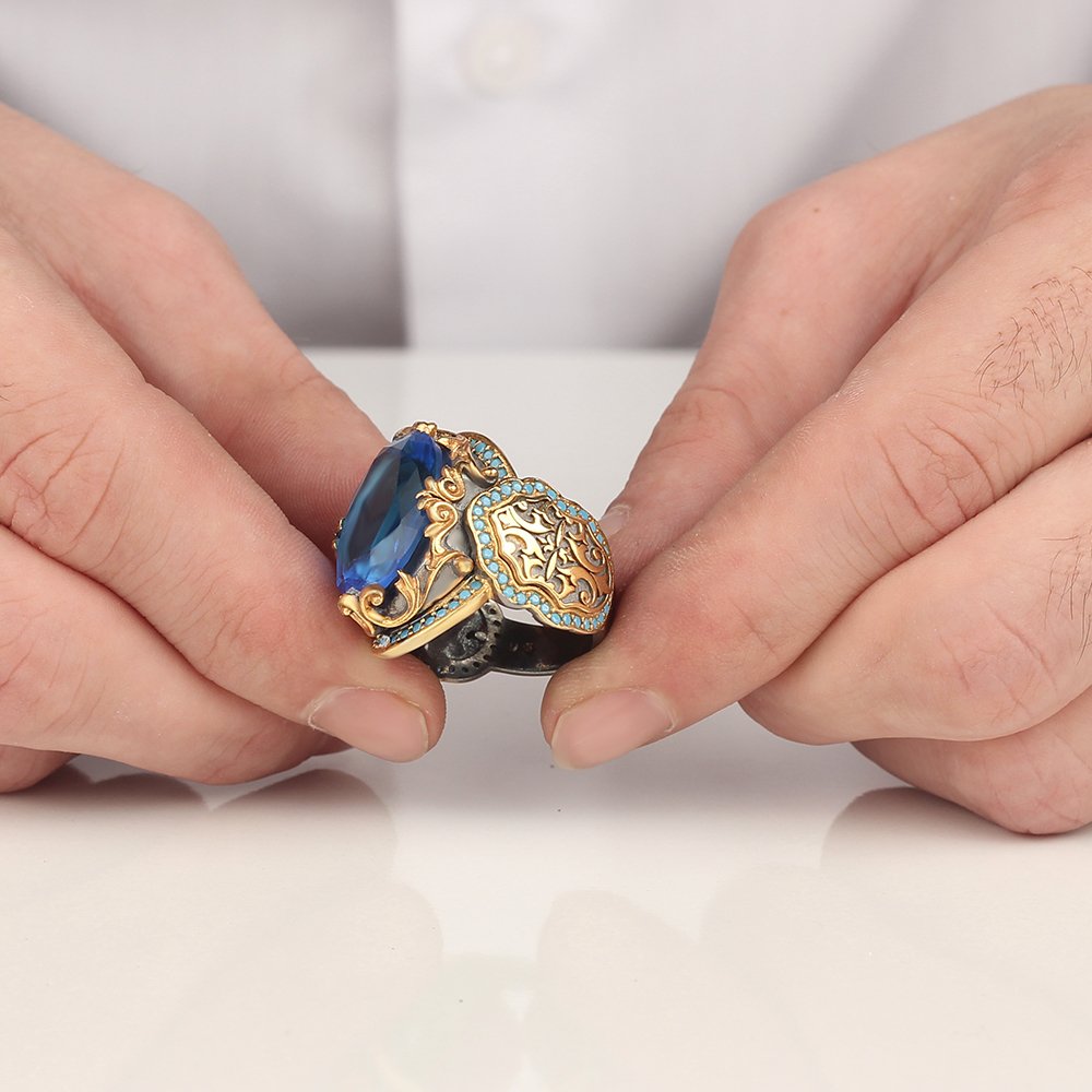 Blue Topaz Taşlı Rodaj Kaplamalı 925 Ayar Gümüş Erkek Yüzük