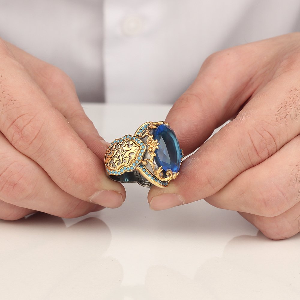 Blue Topaz Taşlı Rodaj Kaplamalı 925 Ayar Gümüş Erkek Yüzük