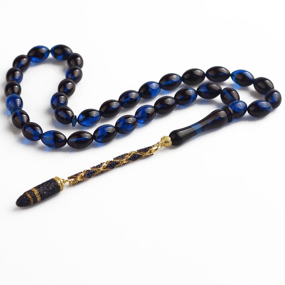 Silver Mermi Tasselled Pressed Amber Prayer Beads