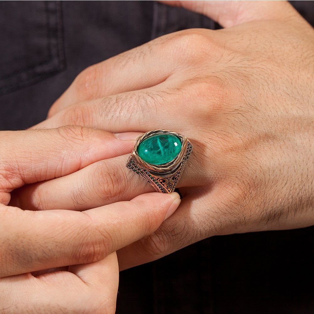 Paraiba Taşlı 925 Ayar Gümüş Erkek Yüzük