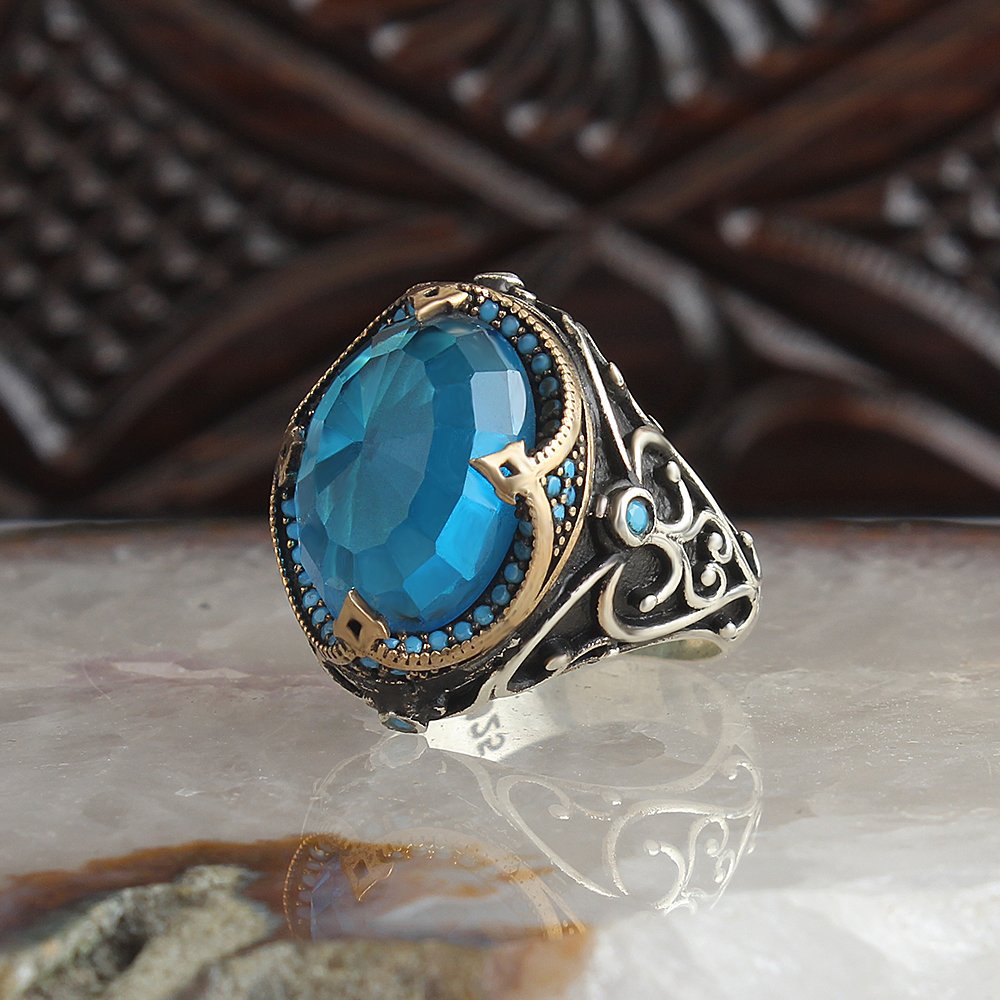 Kristal Kesim Blue Topaz Taşlı 925 Ayar Gümüş Erkek Yüzük