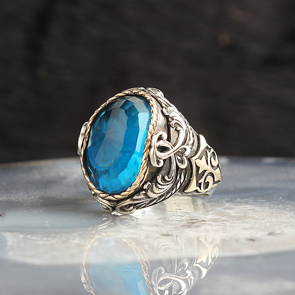 Kristal Kesim Blue Topaz Taşlı 925 Ayar Gümüş Erkek Yüzük