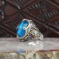 Rölyef Desenli Blue Topaz Taşlı 925 Ayar Gümüş Erkek Yüzük