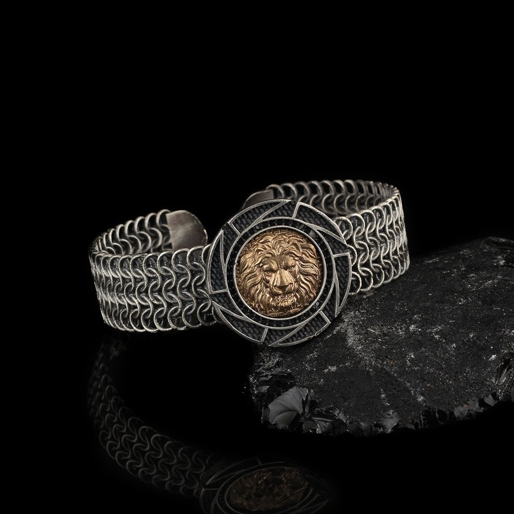 Lion Kafası Woven Oxidized Men's Silver Bracelet