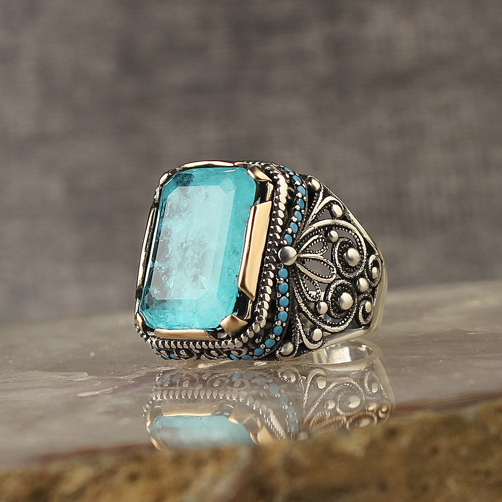 Paraiba Taşlı 925 Ayar Gümüş Erkek Yüzük