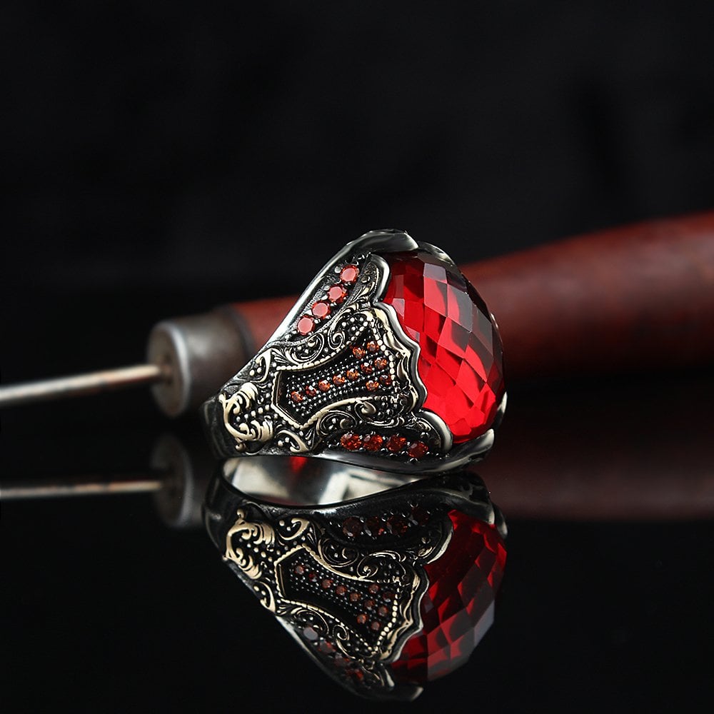 Red Zircon Stone-set 925 K Silver Men's Ring
