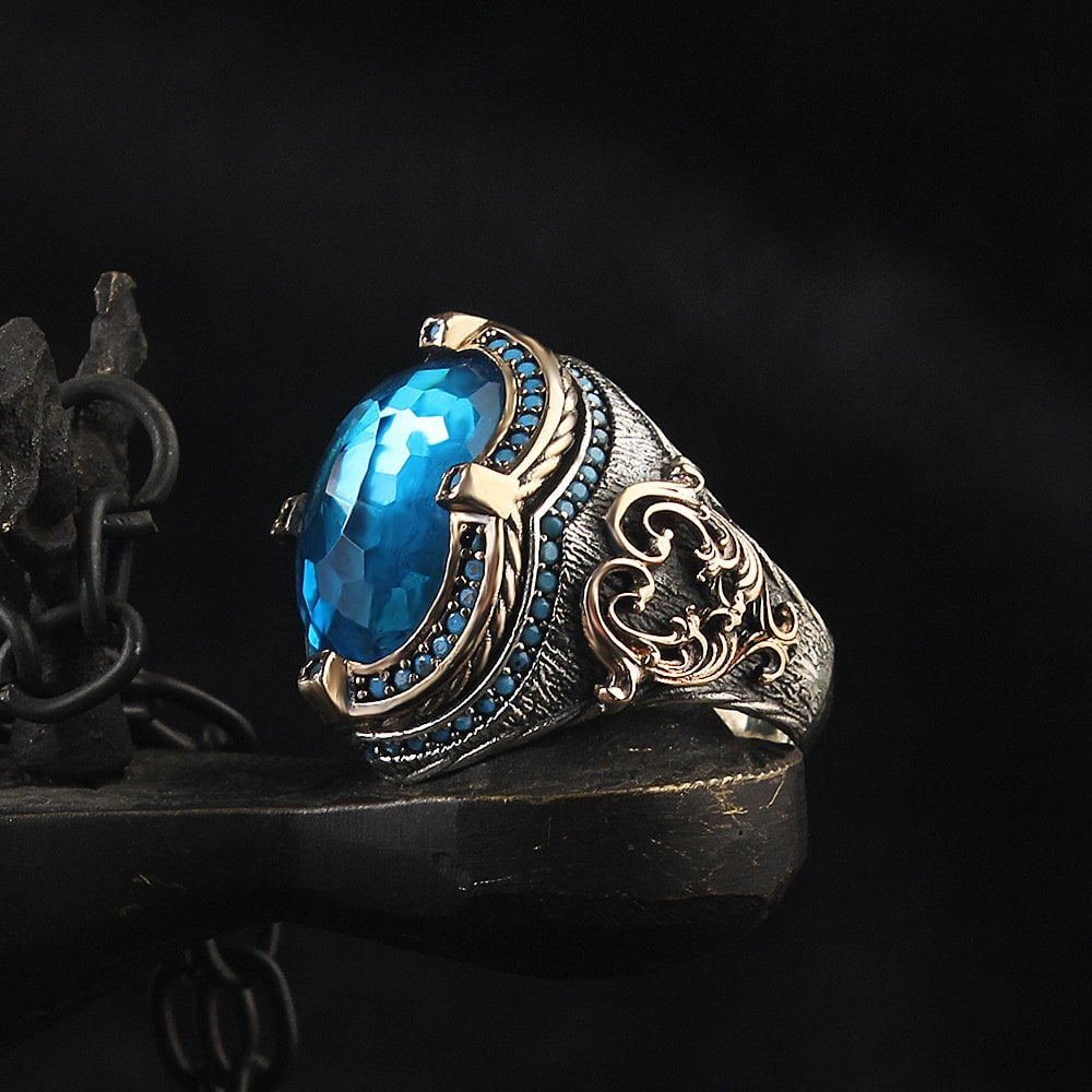 Aqua Marine Stone-set 925 K Silver Men's Ring