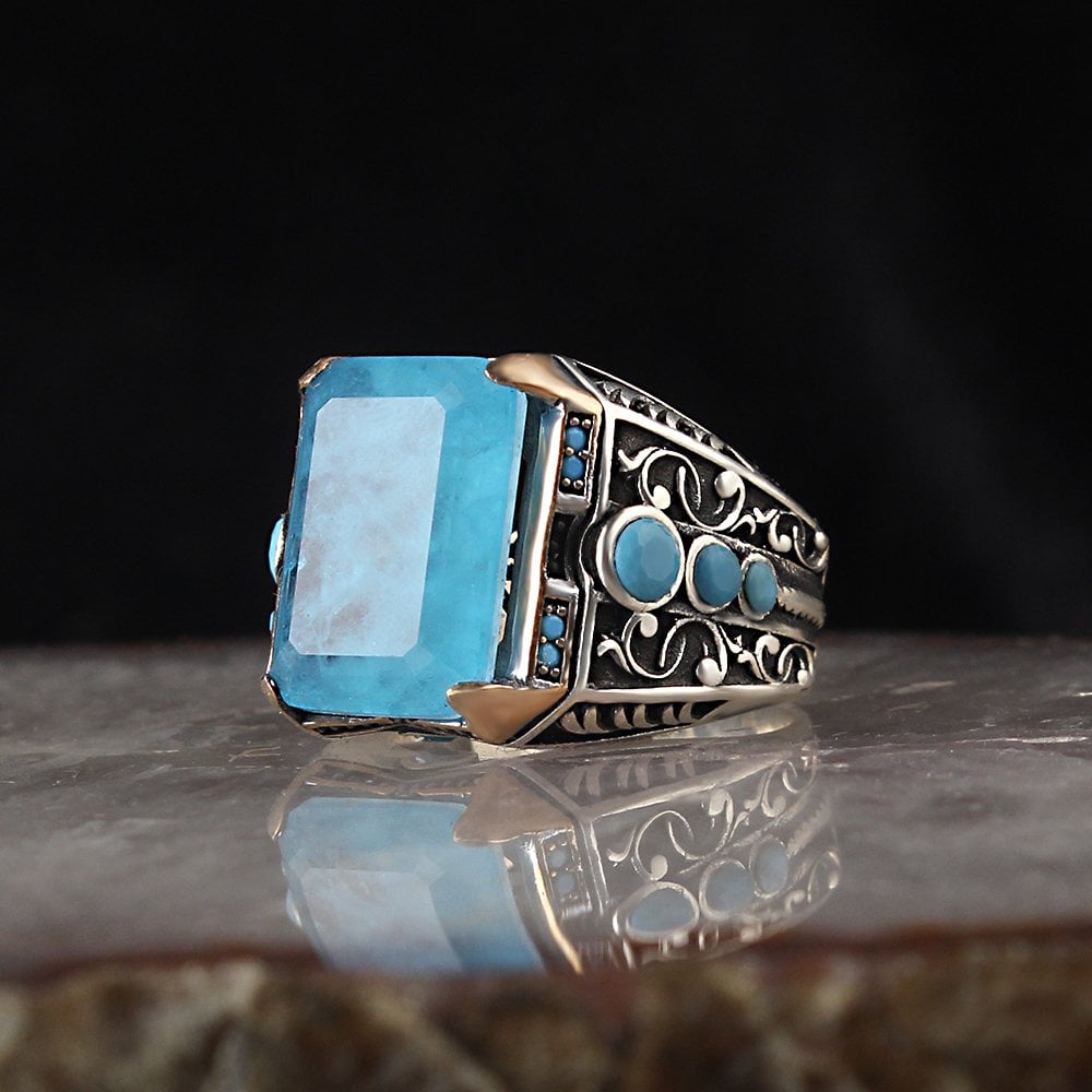 Paraiba Taşlı 925 Ayar Gümüş Erkek Yüzük