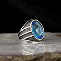 Kristal Kesim Blue Topaz Taşlı 925 Ayar Gümüş Erkek Yüzük