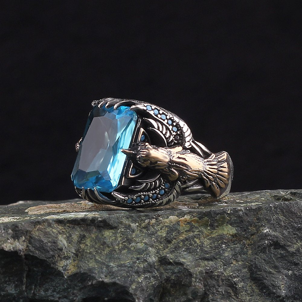 Kartal Tasarım Blue Topaz Taşlı 925 Ayar Gümüş Erkek Yüzük