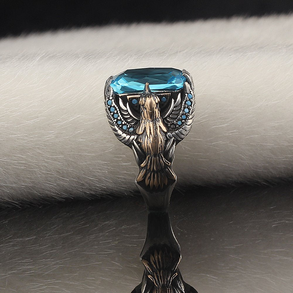 Kartal Tasarım Blue Topaz Taşlı 925 Ayar Gümüş Erkek Yüzük