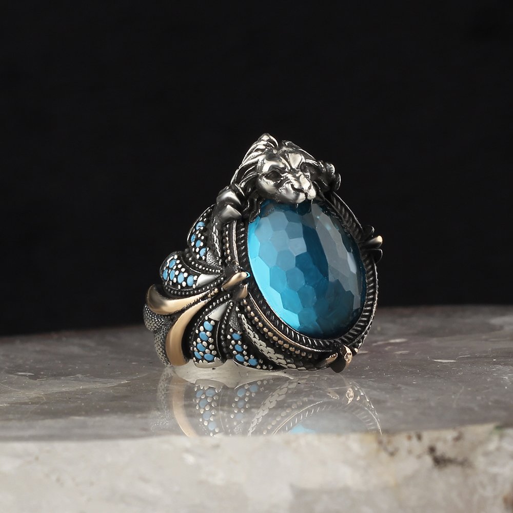 Blue Topaz Taşlı 925 Ayar Erkek Gümüş Yüzük