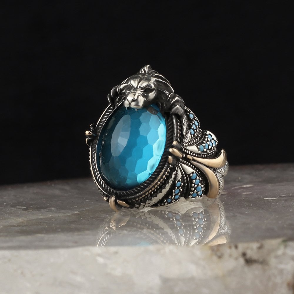 Blue Topaz Taşlı 925 Ayar Erkek Gümüş Yüzük