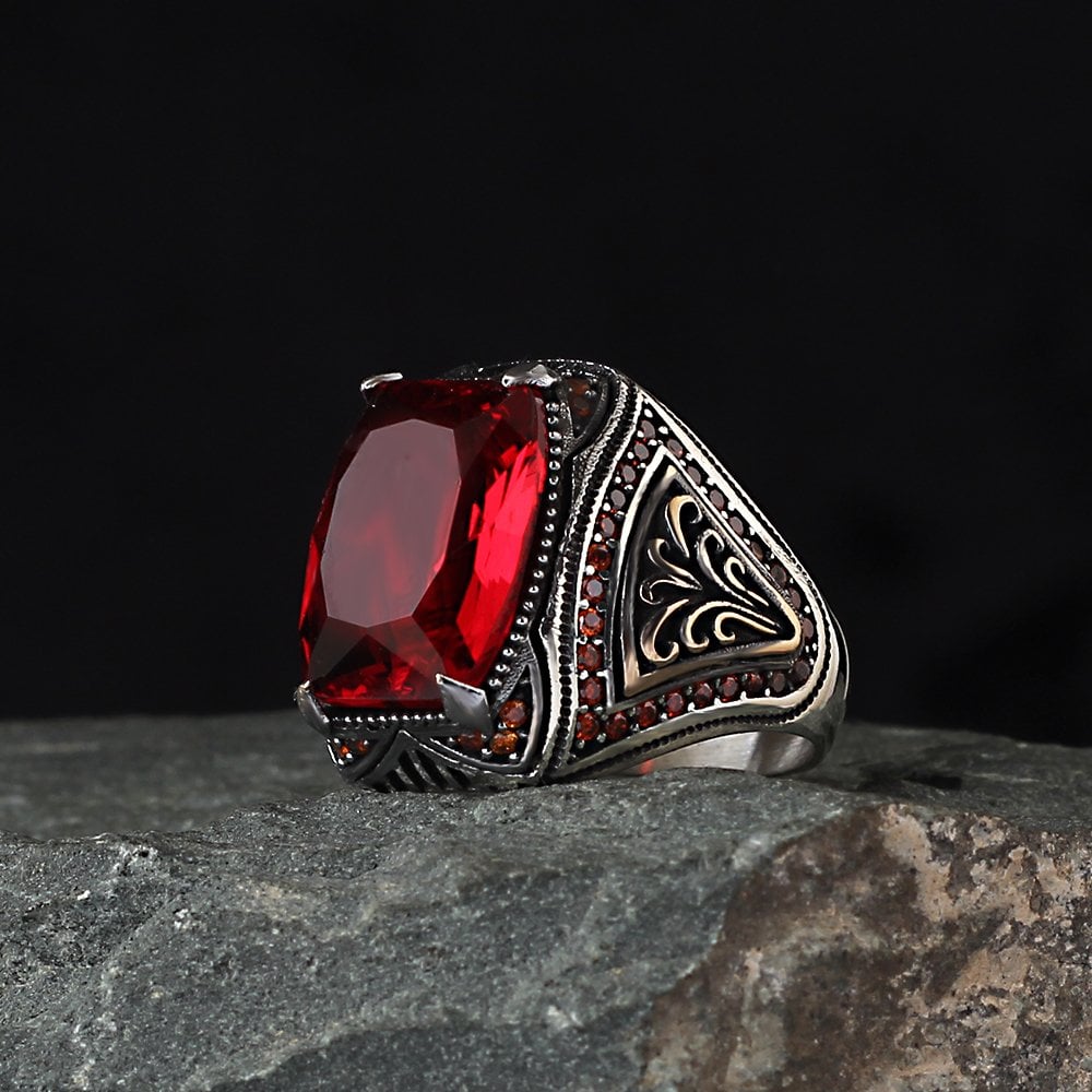 Red Zircon Stone-set 925 K Men's Silver Ring