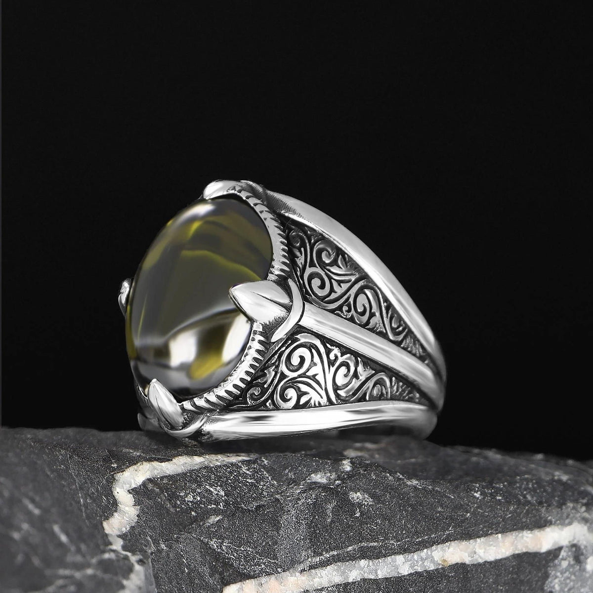 Peridot Taşlı 925 Ayar Erkek Gümüş Yüzük
