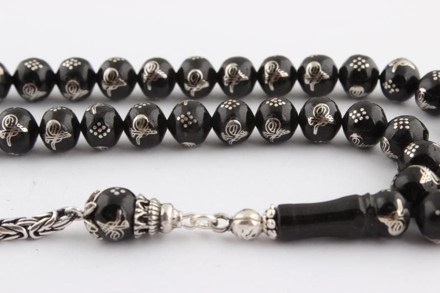 Oltu Tesbih 925 Ayar Gümüş Tuğra İşlemeli Ve Püsküllü