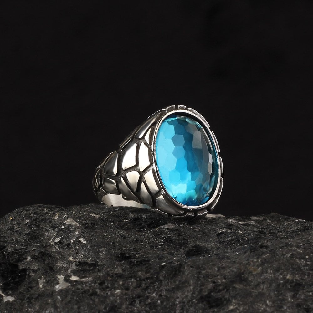 Blue Topaz Taşlı 925 Ayar Erkek Gümüş Yüzük