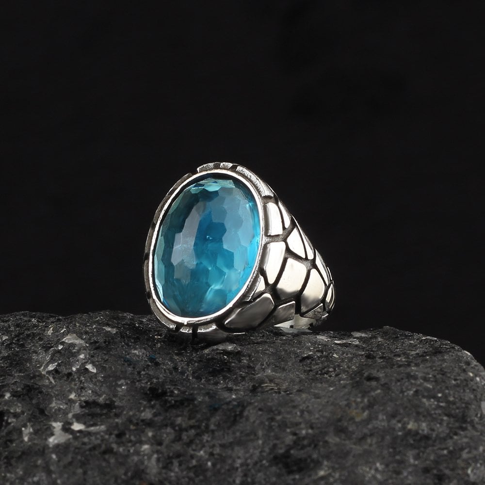 Blue Topaz Taşlı 925 Ayar Erkek Gümüş Yüzük