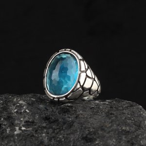 Blue Topaz Taşlı 925 Ayar Erkek Gümüş Yüzük