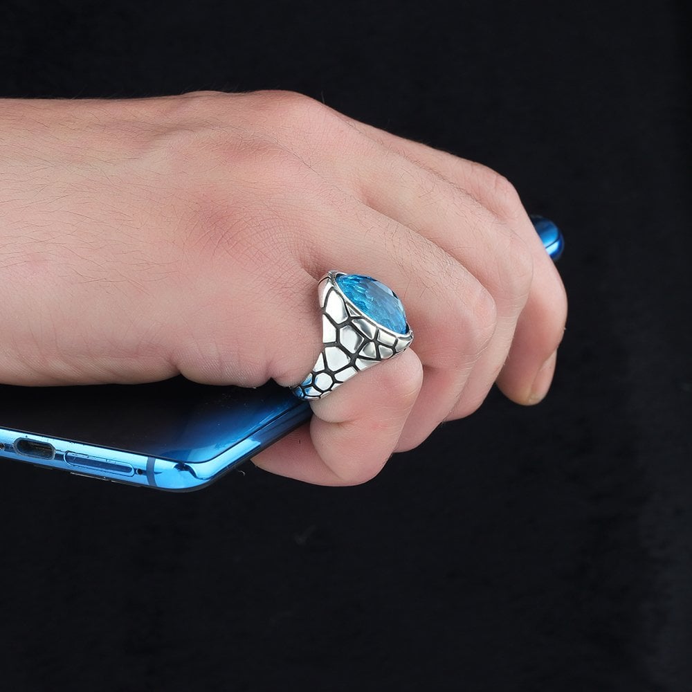 Blue Topaz Taşlı 925 Ayar Erkek Gümüş Yüzük