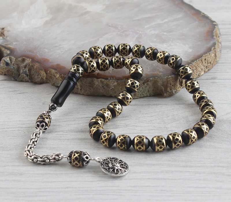 Gümüş Püsküllü İşlemeli Oltu Tesbih