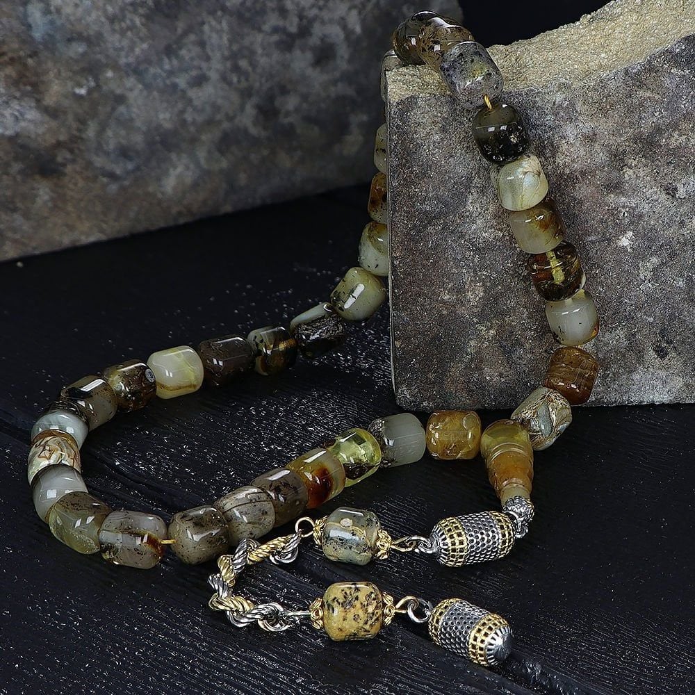 Gümüş Püsküllü Fıçı Kesim Fosilli Damla Kehribar Tesbih