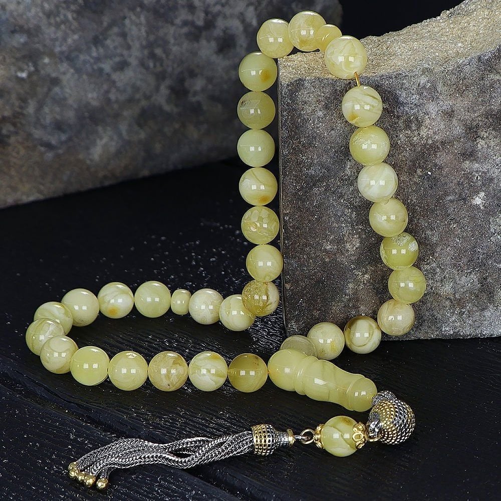 Gümüş Püsküllü Doğal Damla Kehribar Tesbih