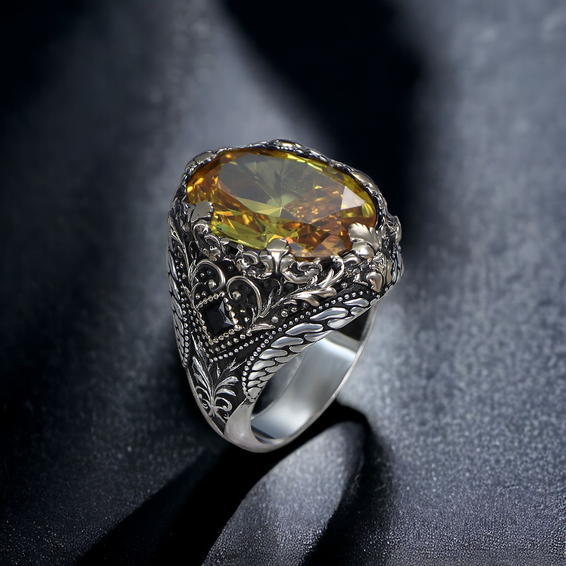 Sitrin Taşlı 925 Ayar Erkek Gümüş Yüzük