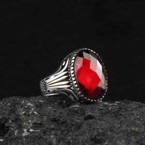 Kristal Kesim Zirkon  Taşlı  925 Ayar Erkek Gümüş Yüzük