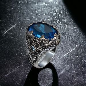Blue Topaz  Taşlı 925 Ayar Erkek Gümüş Yüzük