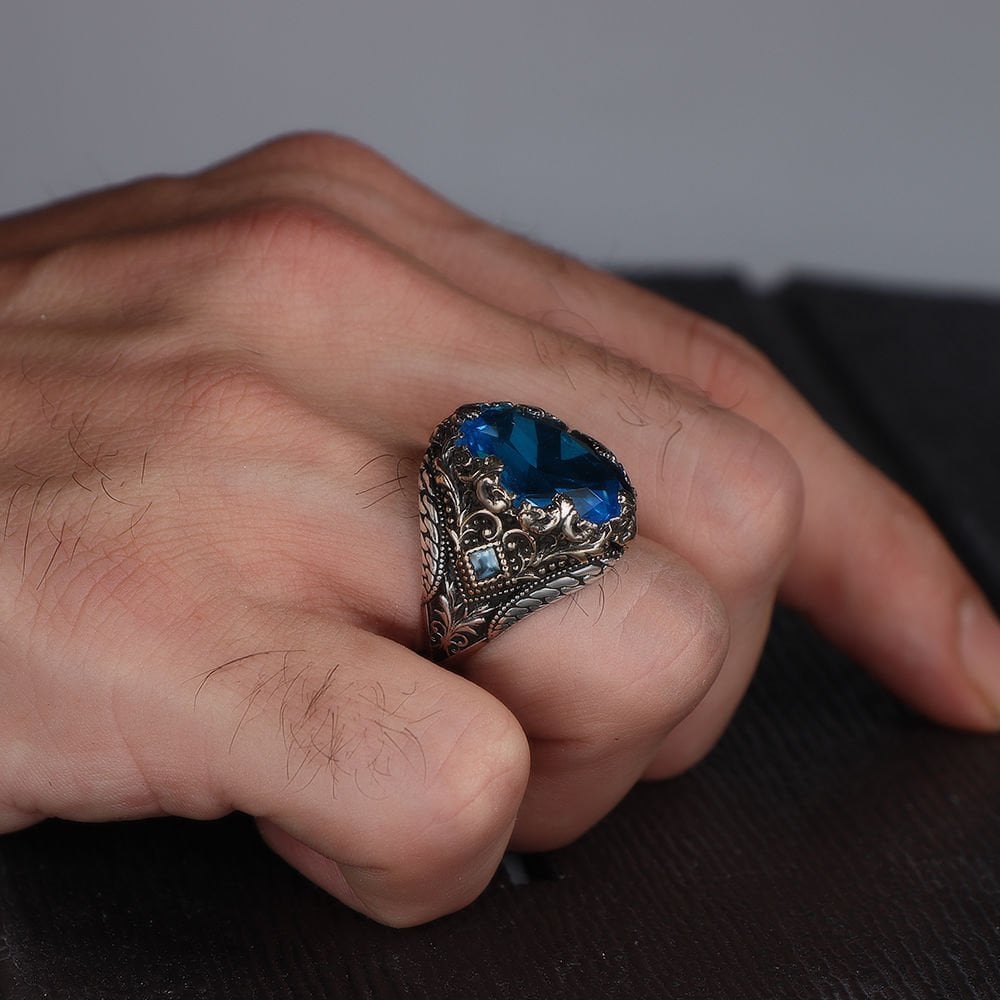 Blue Topaz  Taşlı 925 Ayar Erkek Gümüş Yüzük