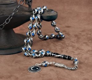 Gümüş Ve Mine İşlemeli Erzurum Oltu Taşı Tesbih