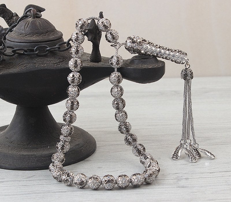 Zirkon Taşlı Telkari Model 925 Ayar Gümüş Tesbih