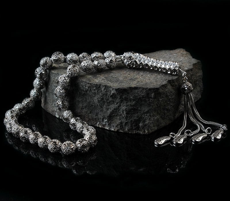 Zirkon Taşlı Telkari Model 925 Ayar Gümüş Tesbih