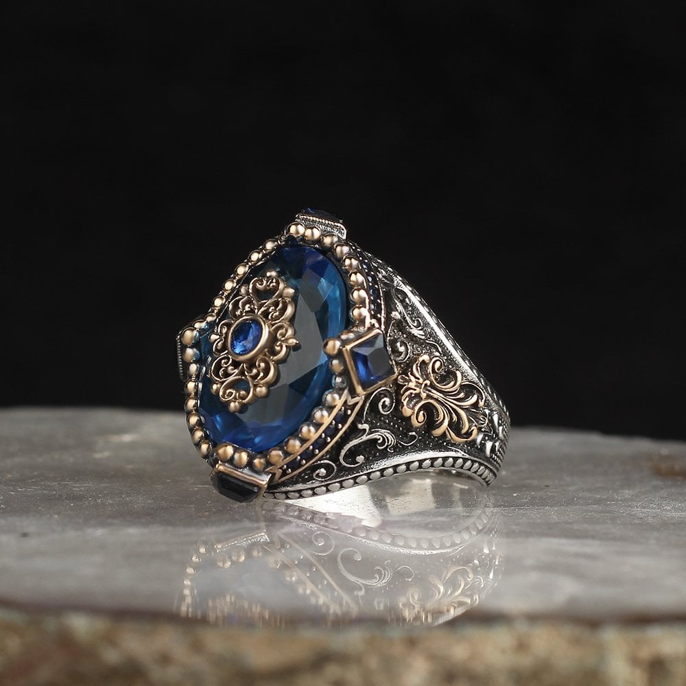 Aqua Blue Taşlı 925 Ayar Erkek Gümüş Yüzük